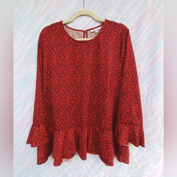 Red Alfred Sung XXL Blouse with leaf pattern - Picture 1 of 7